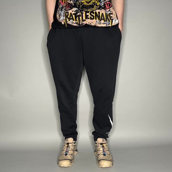 Nike Sweatpants Black Cotton Joggers White Ankle SwooshDri Fit - Picture 2 of 5